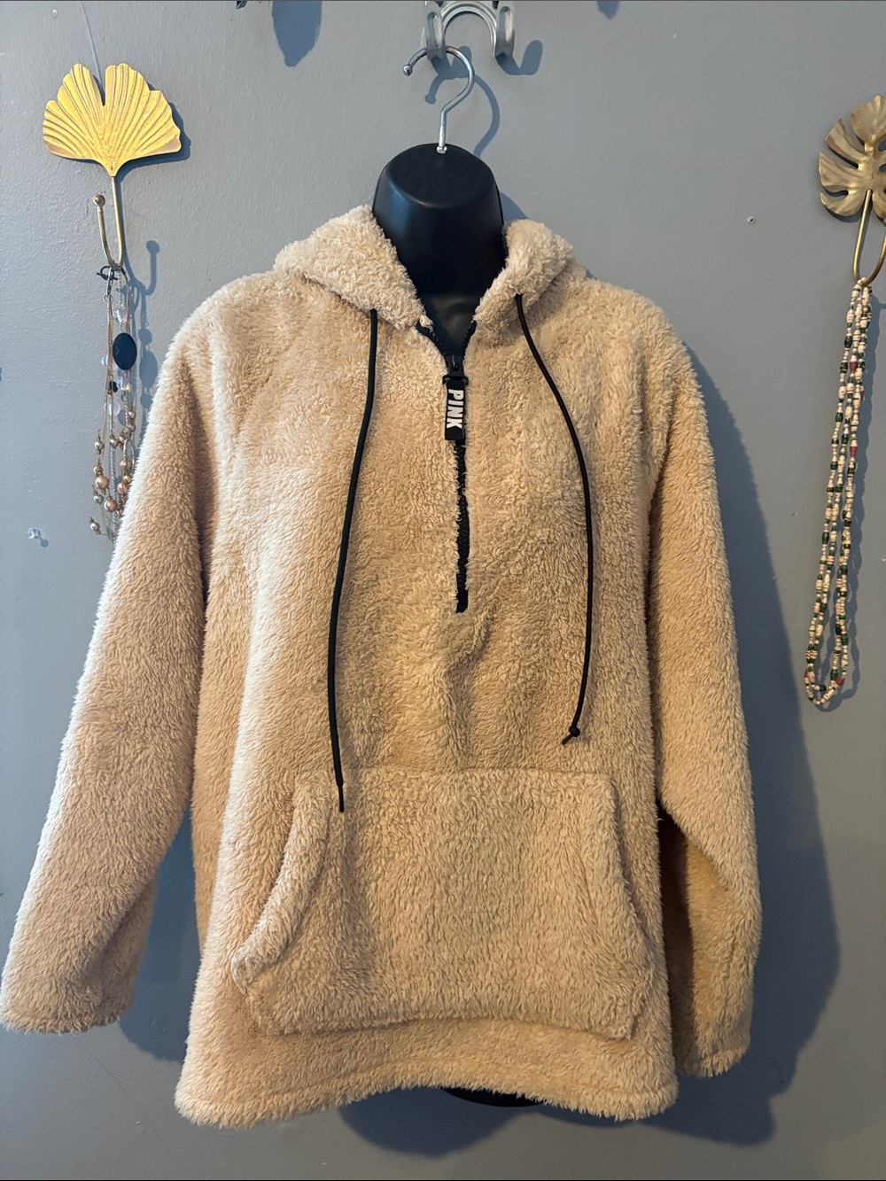 PINK Victoria's Secret Men's Sherpa Half-Zip Hoodie in Tan